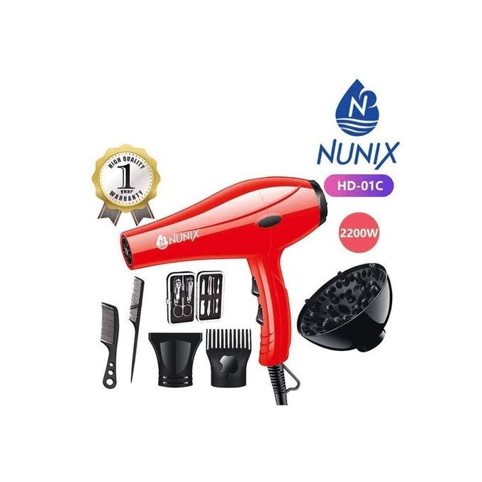 Nunix HD-01C 2200W Blow Dry Hair Dryer With Accessories – Red
