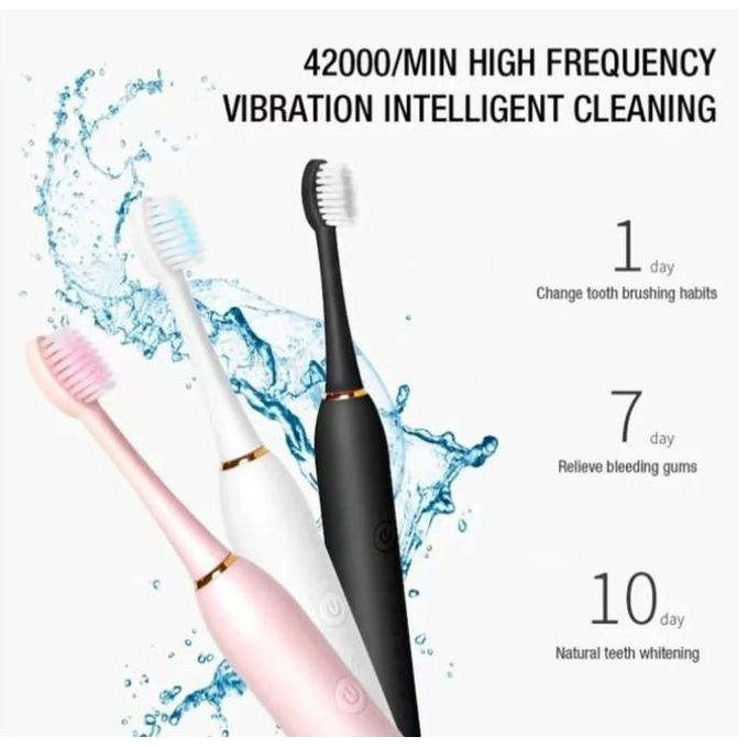 Sonic Electric Toothbrush – 3 Brush Heads, IPX7 Waterproof, USB Rechargeable